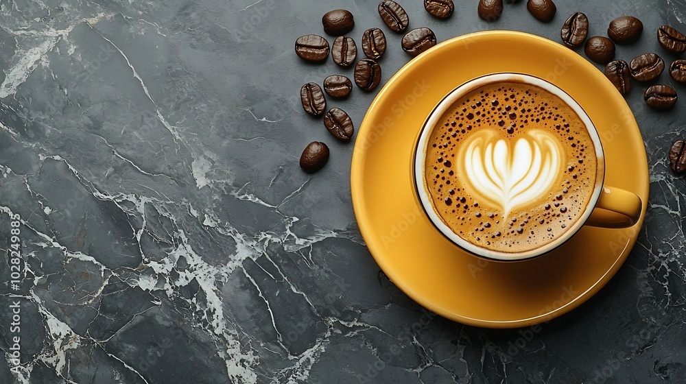 Poster cup of black coffee with coffee beans on marble table copy space top view : generative ai