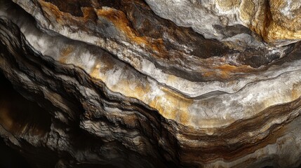 Close-up of layered rock formations in a cave, showing rich colors and textures.