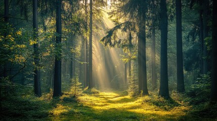 Fototapeta premium A serene forest scene with tall trees and sunbeams gently shining through the canopy, creating a peaceful, calming atmosphere
