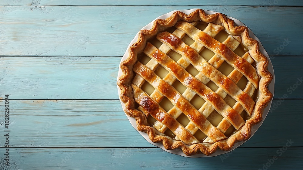 Poster Apple pie with cream on a blue wooden background Top view Copy space : Generative AI