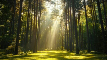Fototapeta premium Beautiful sunbeams streaming through a dense forest of tall trees, casting light on the forest floor and creating a tranquil atmosphere