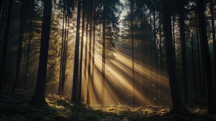Obraz premium Beautiful sunbeams streaming through a dense forest of tall trees, casting light on the forest floor and creating a tranquil atmosphere