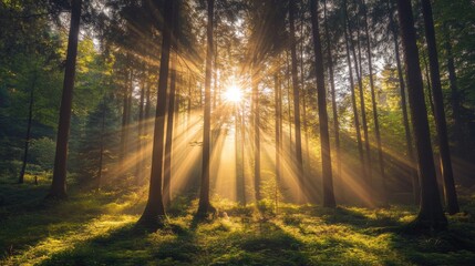 Fototapeta premium Soft sunbeams filtering through a lush forest of tall trees, casting light on the forest floor and creating a serene environment