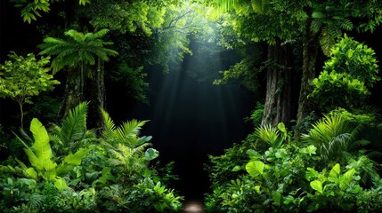 Obraz premium Mystical Rainforest Path with Light Beams and Lush Foliage