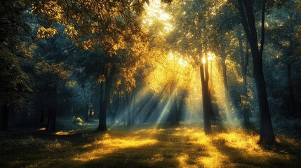 Obraz premium Sunbeams gently illuminating a serene forest with tall trees, casting soft light and creating a peaceful atmosphere
