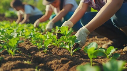 A group of Asian women farmers planting seedlings in a lush, green field, their hands working in unison as they cultivate crops using traditional farming methods passed down through generations