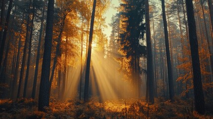 Obraz premium Sunlight filtering through a beautiful forest of tall trees, casting soft golden beams of light and creating a peaceful atmosphere