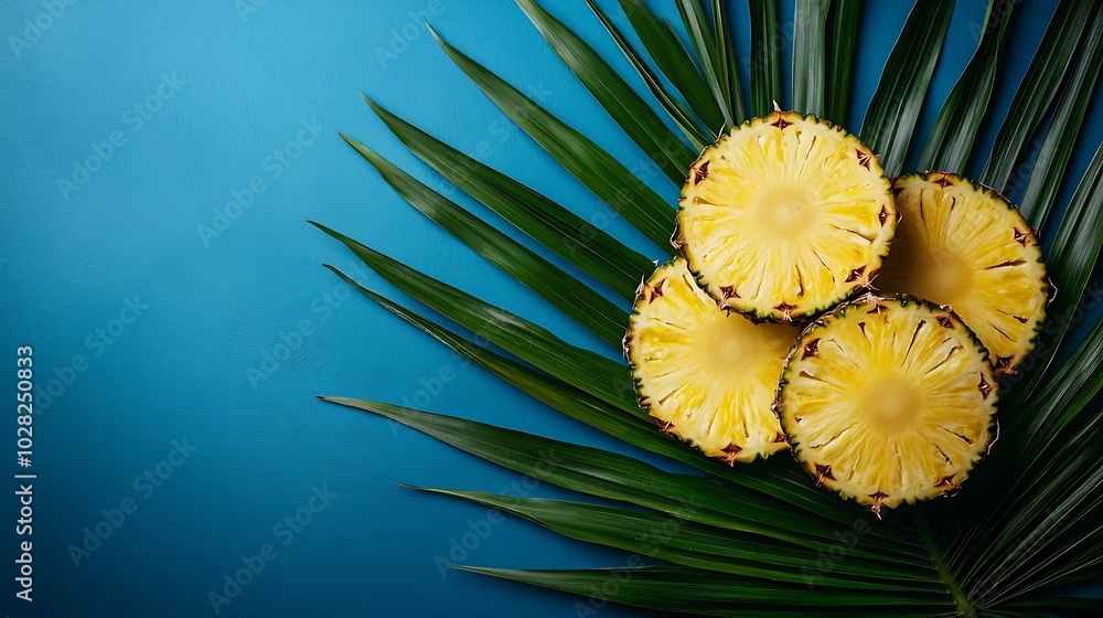 Poster Fresh pineapple slices with palm leaf on blue background Top view Copy space : Generative AI