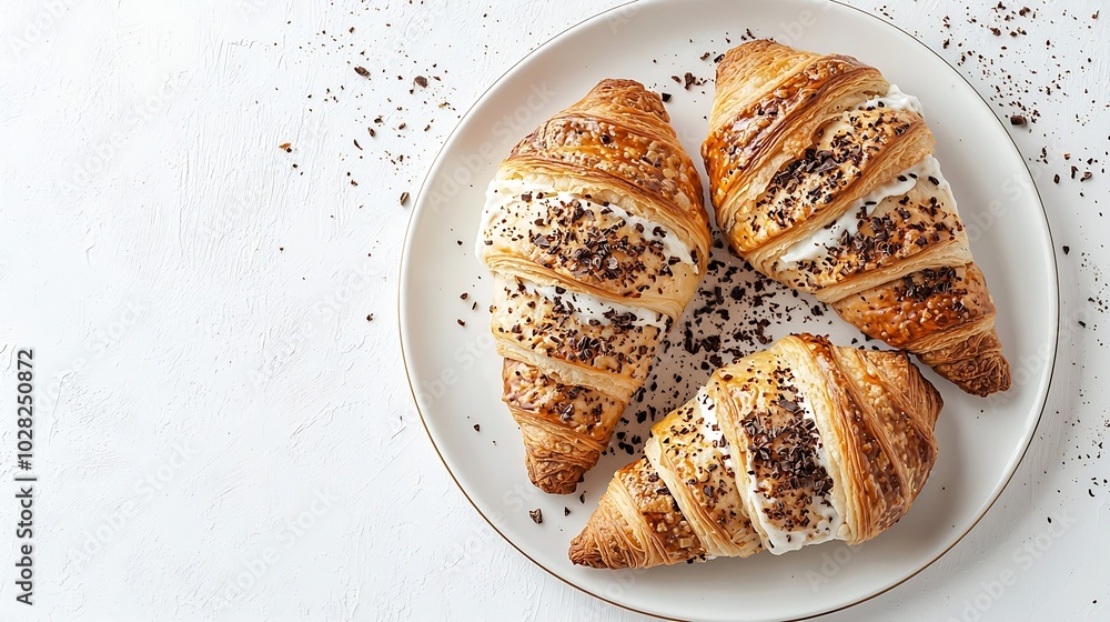 Poster fresh croissants with cream cheese and chocolate and nut cream on plate on a white background : gene