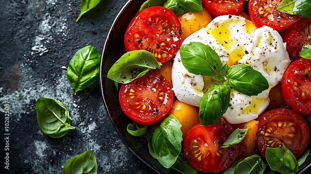 Poster caprese salad with tomatoes mozzarella burrata cheese and basil dark background close up top view : 