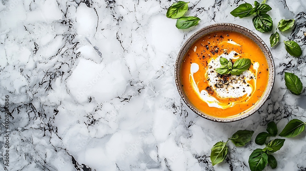Poster pumpkin soup with cream marble background close up : generative ai