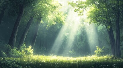 Obraz premium A beautiful forest landscape with sunlight filtering through tall trees, casting soft beams of light and creating a peaceful atmosphere