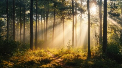 Fototapeta premium A beautiful forest landscape with sunlight filtering through tall trees, casting soft beams of light and creating a peaceful atmosphere