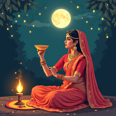 A woman in a sari This vector design showcases an Indian woman performing the Karwa Chauth festival
