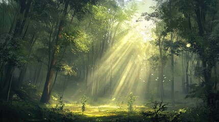 Obraz premium A beautiful forest landscape with sunlight filtering through tall trees, casting soft beams of light and creating a peaceful atmosphere
