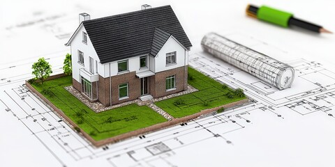 Architectural House Model on Blueprint with Pencil and Rolled Plans