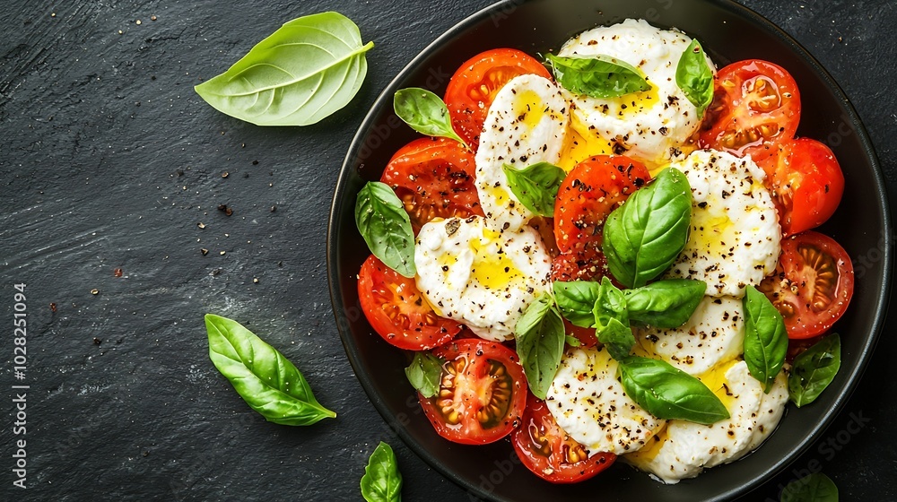 Poster caprese salad with tomatoes mozzarella burrata cheese and basil grey background copy space top view 