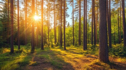 Obraz premium A peaceful forest landscape with tall trees and golden sunlight streaming through the branches, creating a calming nature scene