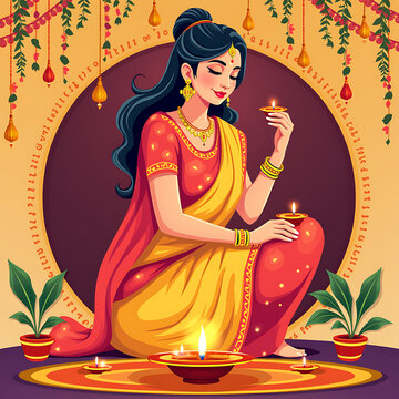Happy Diwali, Portrait Indian woman celebrating Diwali, the festival of lights, holding a lit diya (oil lamp) in both hands
