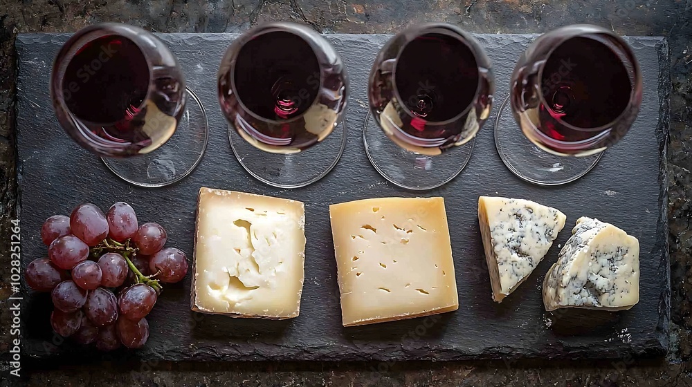 Poster cheese assortment on dark marble cutting board with red wine grey background top view : generative a