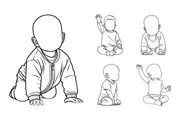 Line Art Tiny Happy Baby Excited Pose Art Black and White Illustration Hand Drawn Clipart