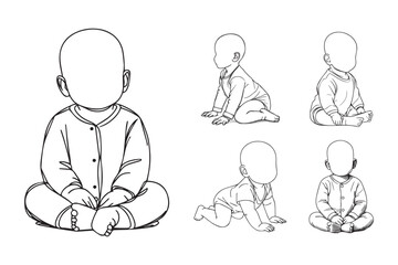Line art clipart of a joyful baby in a lively and happy pose