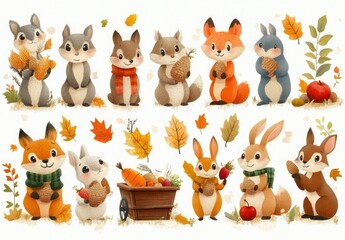 Fototapeta premium Cute Autumn Forest Animals Collection with Various Elements and Food on White Background - Vector Illustration