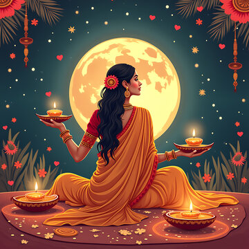 A woman in a sari This vector design showcases an Indian woman performing the Karwa Chauth festival