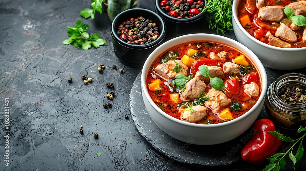 Poster chicken soup with vegetables in white bowl grey stone background copy space top view : generative ai