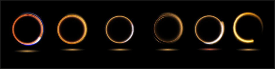 Modern magic witchcraft circle with runes. Ethereal fire portal sign with strange flame spark. Decor elements for magic doctor, shaman, medium. Luminous trail effect on transparent background.