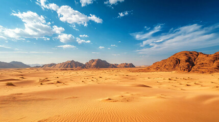 Fototapeta premium A mesmerizing view of a vast desert stretching into the horizon under a clear blue sky.