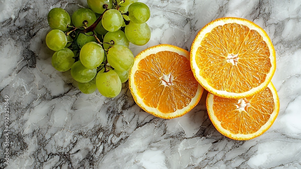 Poster Cheese with washed orange rind and fresh grape Marble table background Top view Copy space : Generative AI