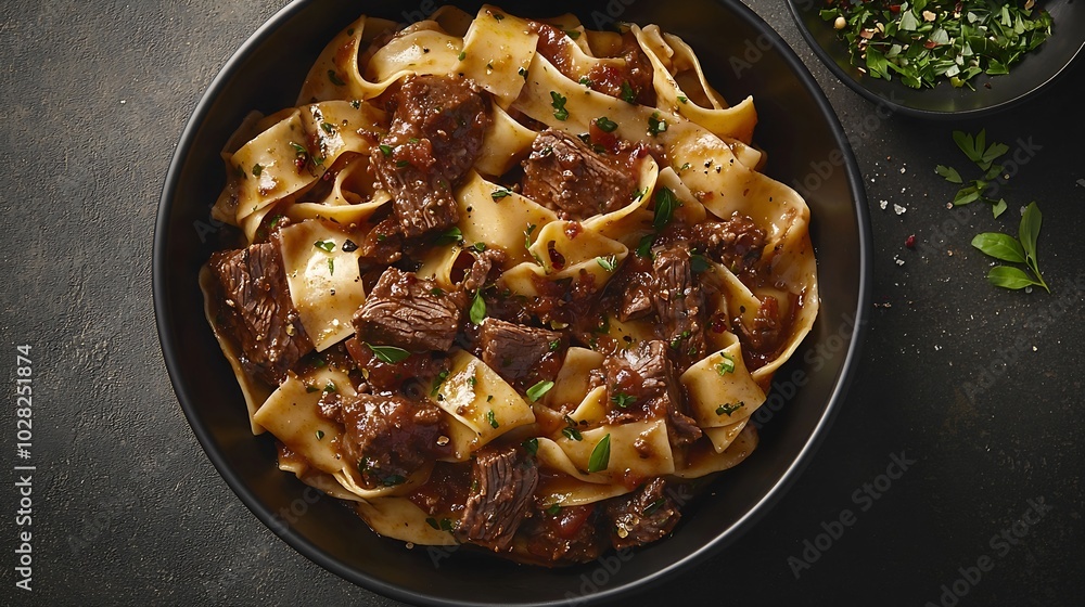 Poster pasta pappardelle with beef ragout sauce in black bowl grey background close up : generative ai