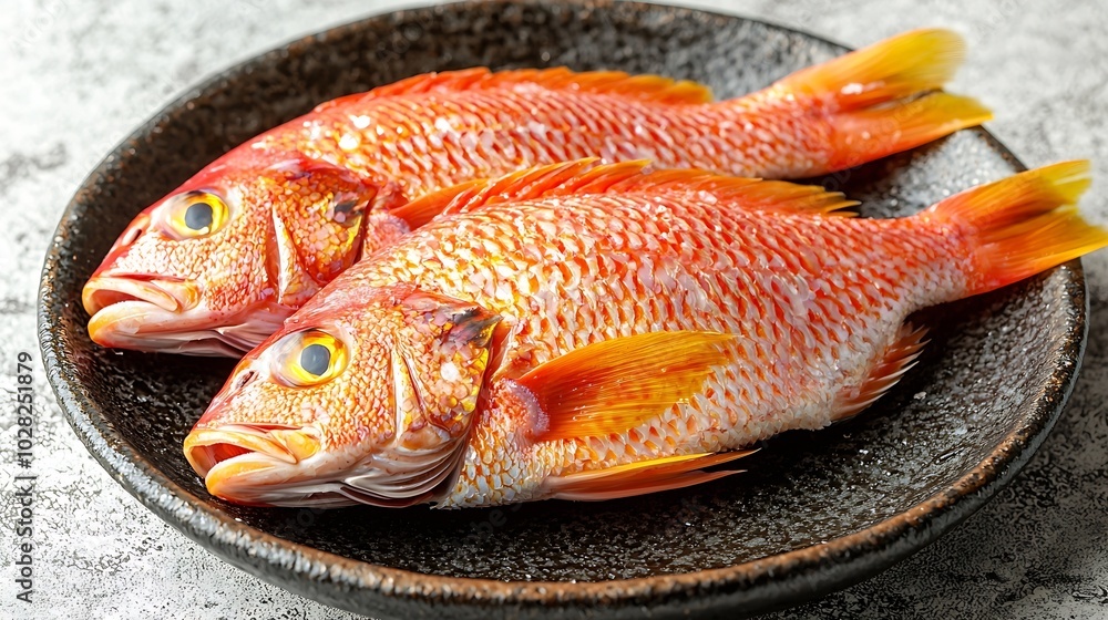 Poster raw fish dorado on a plate black stone background top view : generative ai