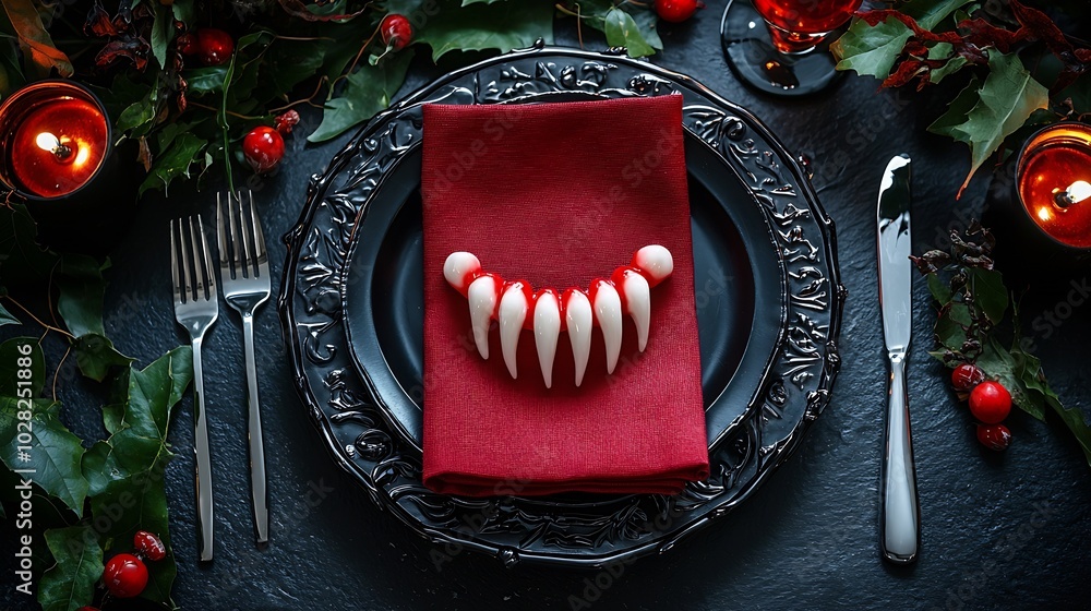 Poster halloween hollyday table setting decoration with vampire teeth and red napkin black slate background