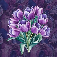 Obraz premium Purple and blue tulips watercolor illustration set. Seamless background pattern. Fabric wallpaper print texture.