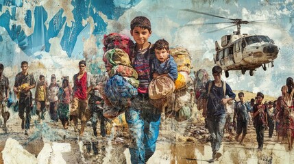 A visual representation of the refugee crisis, showing displaced families in transit, carrying belongings across borders, with scenes of overcrowded camps and migration routes