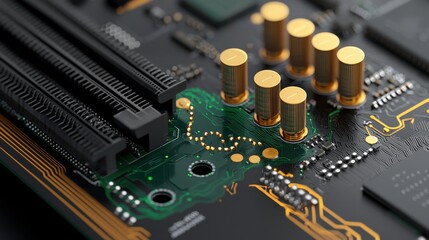 Fototapeta premium Closeup of Gold Electronic Components on Circuit Board Technology Background