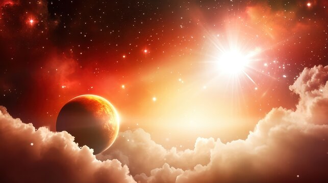 Red galaxy background with glowing nebula clouds and distant star clusters in a surreal space landscape.