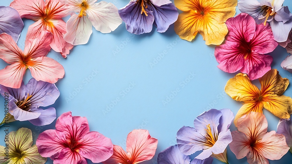 Poster frame of colorful flowers blue background top view copy space : generative ai