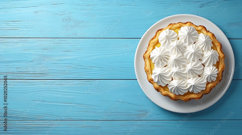 Poster Apple pie with cream on a blue wooden background Top view : Generative AI