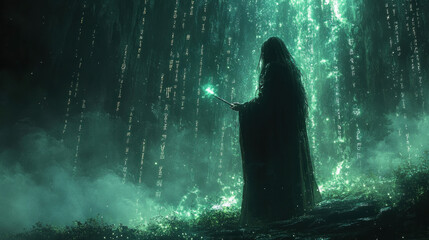 Obraz premium A powerful wizard holding an ancient wand glowing with forgotten magic, standing in a mystical cave filled with runes.