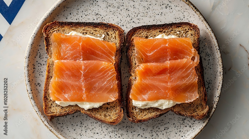 Poster sandwich toast with smoked salmon and cream cheese on white plate with scottish flag marble backgrou