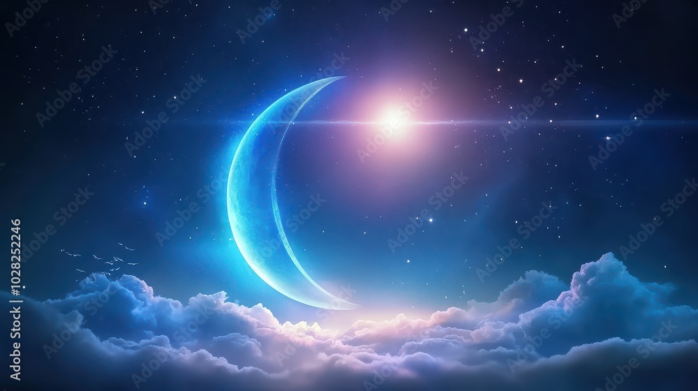Poster simple galaxy background with a few bright stars and soft cosmic clouds, creating a calming space sc