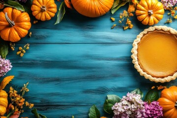 Autumnal Table Decor with Pumpkins, Flowers, and Pie on Blue Wooden Background - Top-down Perspective