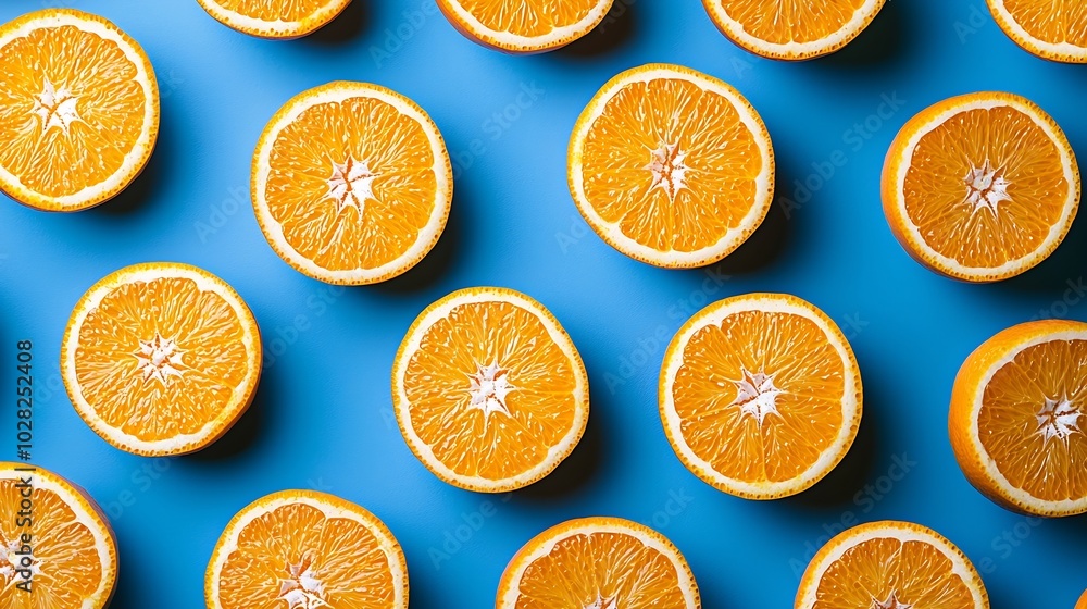Poster Oranges on blue background Flat lay composition Top view : Generative AI