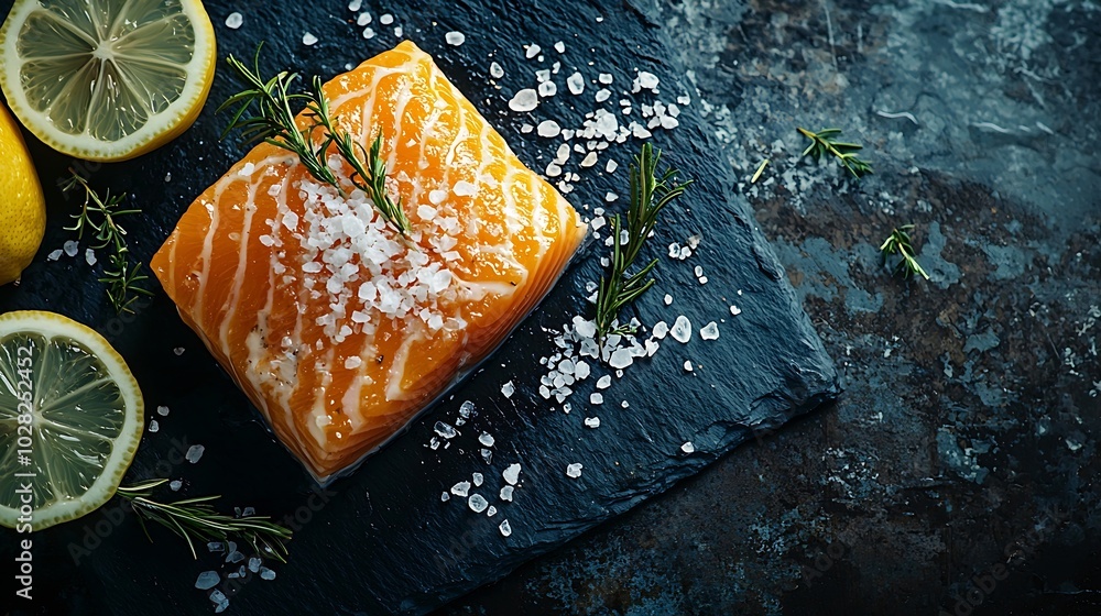 Poster salmon fillet with sea salt lemon on slate dark background copy space top view : generative ai