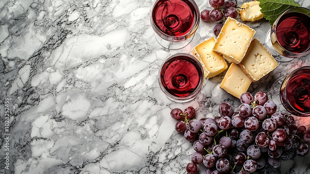 Poster Assortment of cheese grapes with red and white wine in glasses Marble background Top view : Generative AI