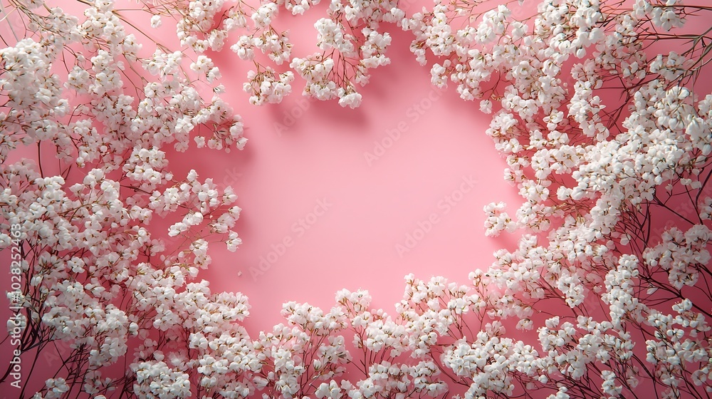 Poster frame of white flowers gypsophila babys breath flat lay composition pink background top view copy sp