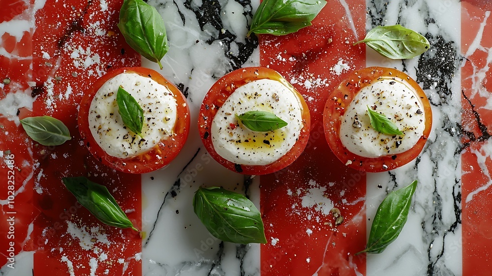 Poster caprese salad with tomatoes mozzarella cheese and basil with italian flag marble background top view